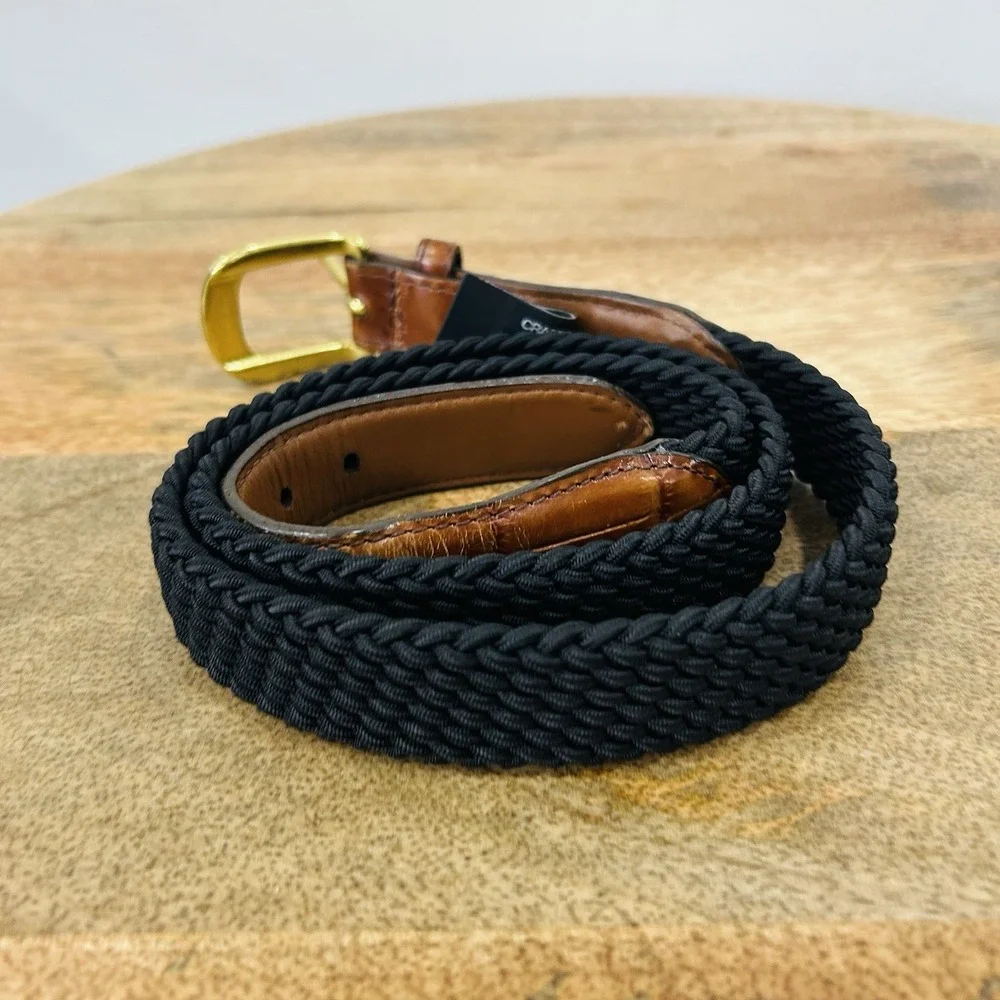 Brighton Elastic Cord Croco Tab Taper Black belt Brass Leather Size 36 USA